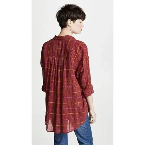 Free People Break Red / Orange Plaid My Stride Button Up /Down Long Sleeve Top S - Picture 4 of 11